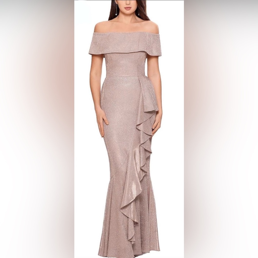 Betsy & Adam Off-the-Shoulder Glitter Gown Blush Dress, Blush, US 2